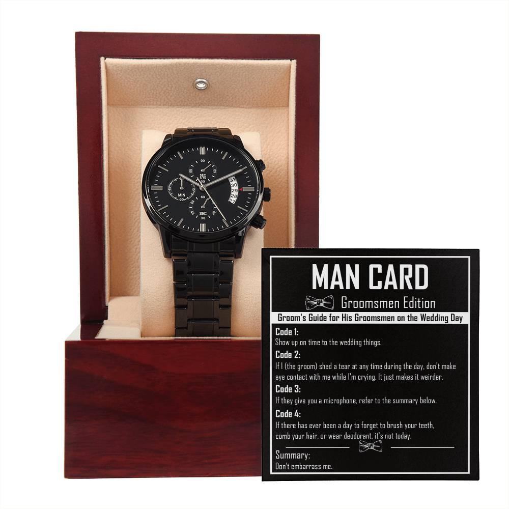 Groomsman Proposal Wedding Day Gift - Man Card - Black Chronograph Watch - Mallard Moon Gift Shop