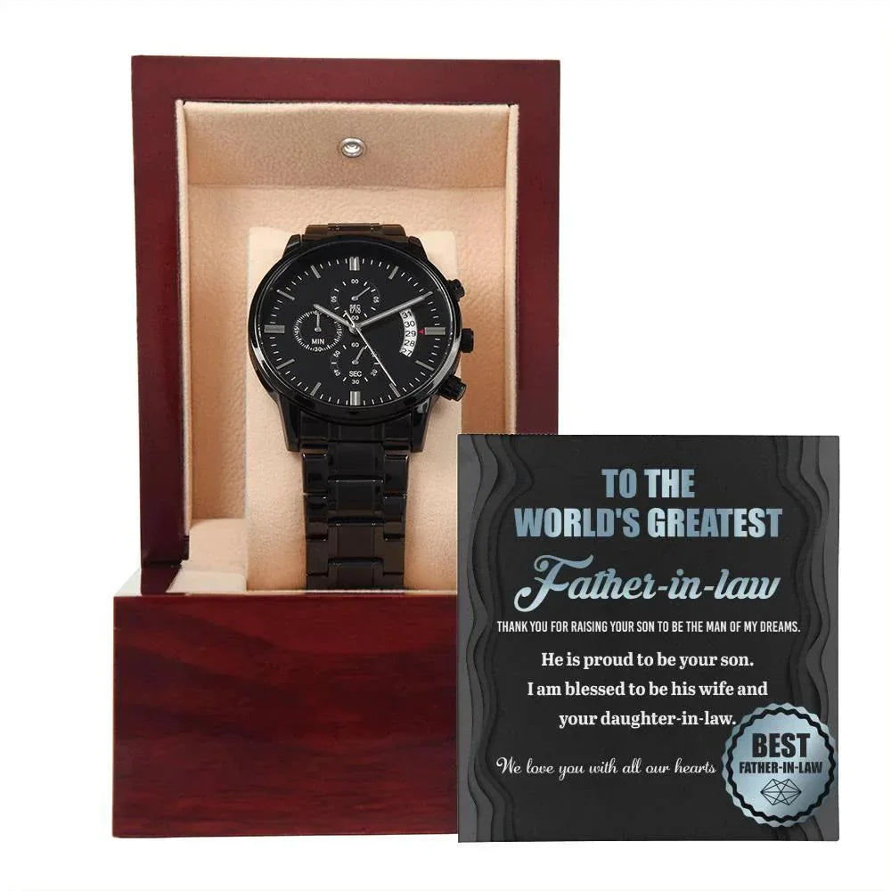 Gift for Father-in-Law He is Proud To Be Your Son Black Chronograph Watch