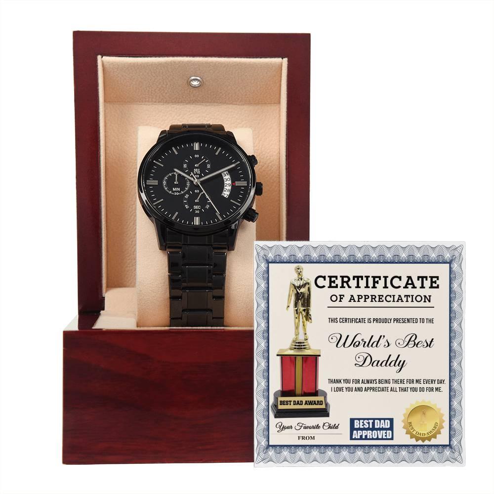 Dad Gift Certificate of  World's Best Daddy Black Chronograph Watch - Mallard Moon Gift Shop