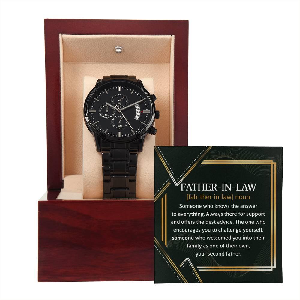 Gift for Father-in-Law - Definition: Someone Who Knows the Answer - Black Chronograph Watch - Mallard Moon Gift Shop