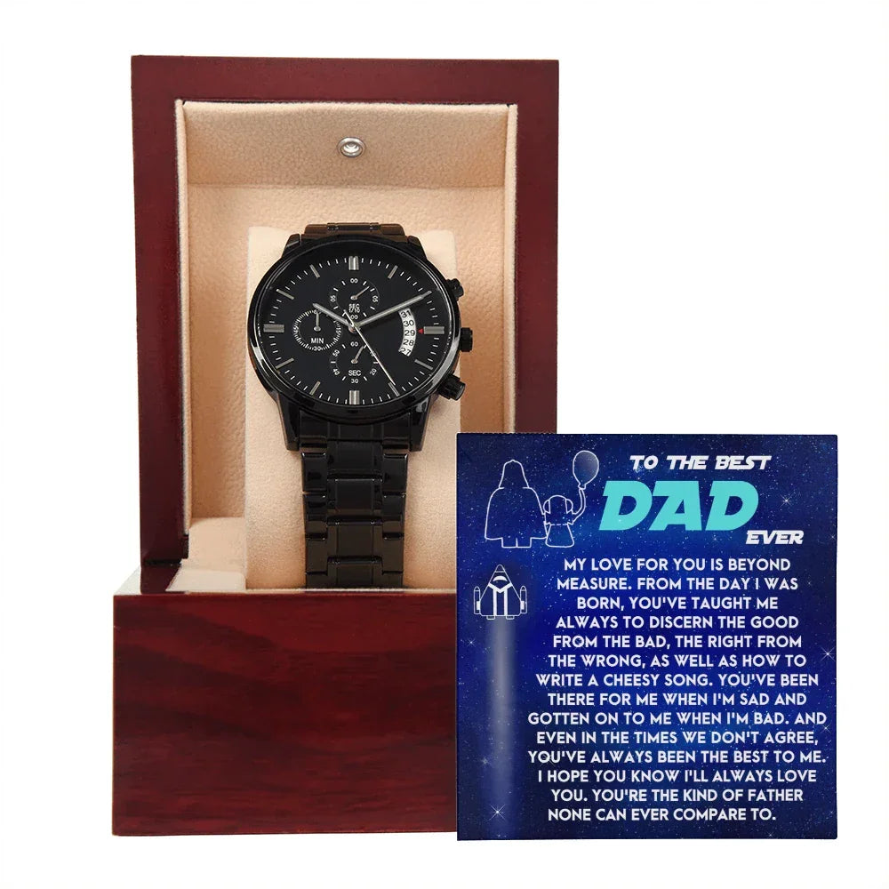 To the Best Dad Ever Black Chronograph Watch Gift – Meaningful Father's Day Gift from Son or Daughter, Thoughtful Dad Appreciation Keepsake, Water-Resistant Stainless Steel Watch with Sentimental Message Card