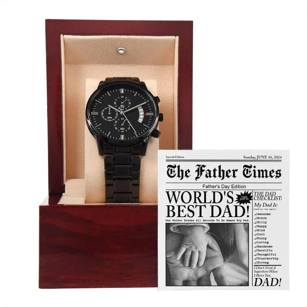 Dad Gift - Headline on The Father Times - World's Best Dad - Black Chronograph Watch