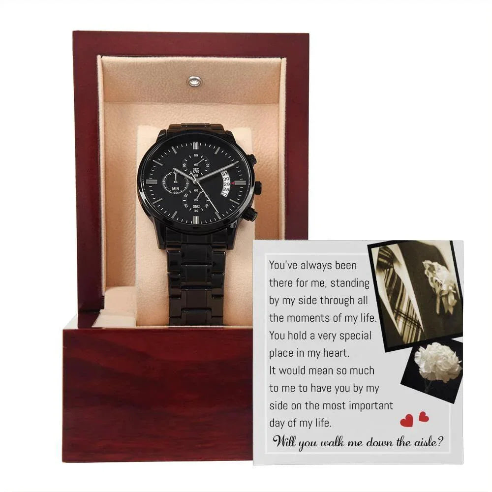 Father of the Bride Gift Will You Walk Me Down the Wedding Aisle Black Chronograph Watch
