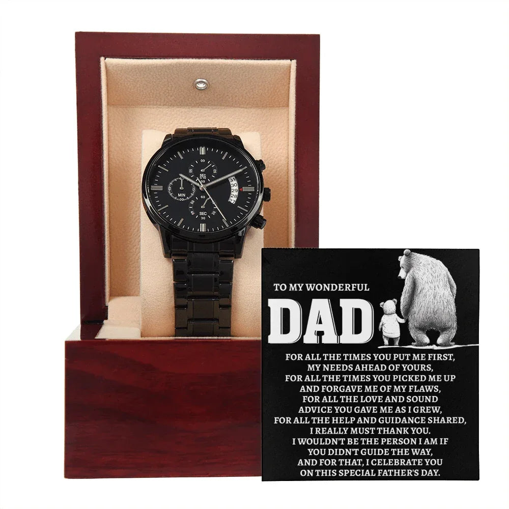 To My Wonderful Dad Men's Black Chronograph Watch – Elegant Father's Day Gift, Luxury Stainless Steel Watch with Engraved Message Card – A Timeless Gift of Thanks for Loving Fathers
