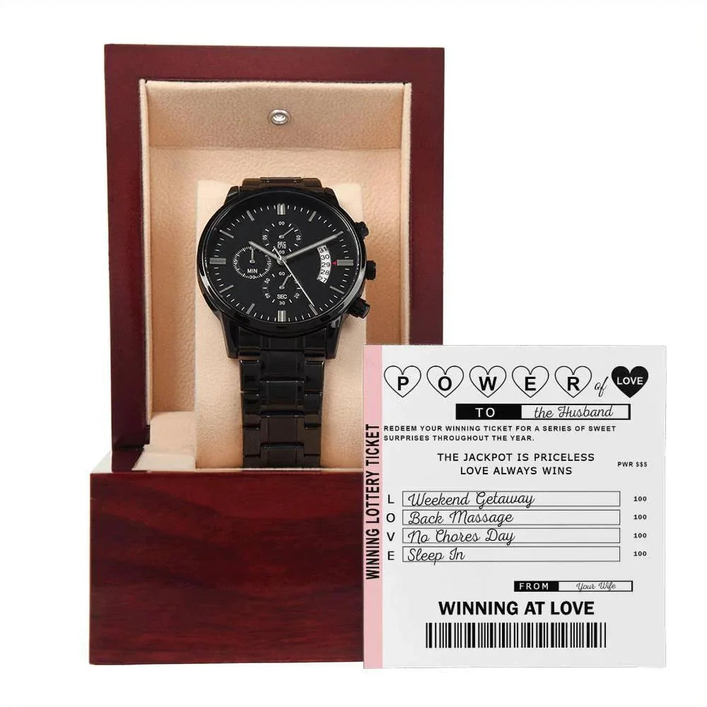 Husband Wedding Day Gift - Power of Love - Black Chronograph Watch