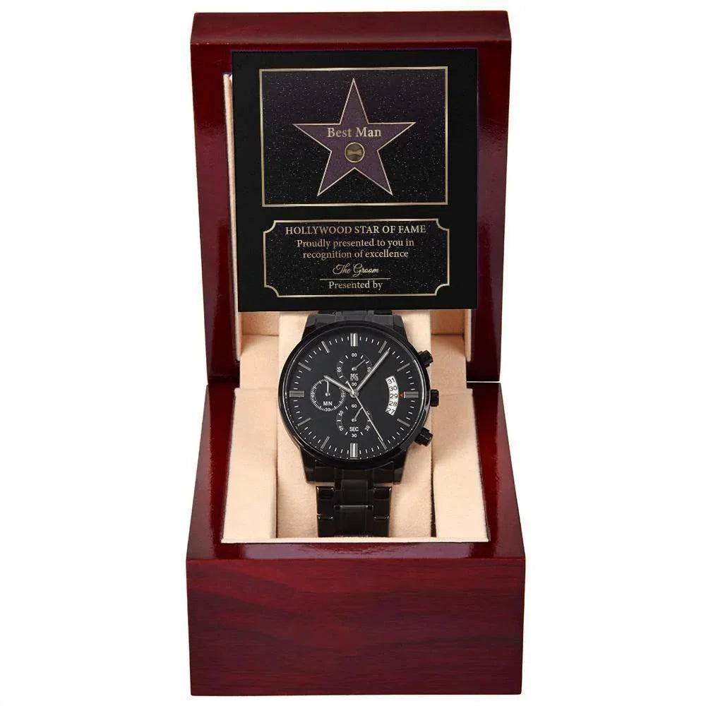 Husband Wedding Day Gift-Best Man-Star Of Fame-Black Chronograph Watch