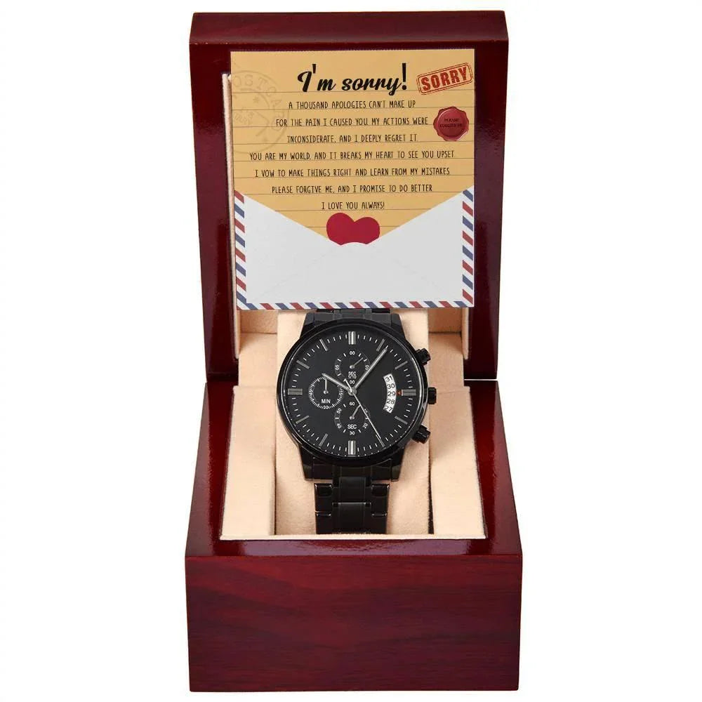 Apology Gift for Him - Sorry, Breaks My Heart - Black Chronograph Watch