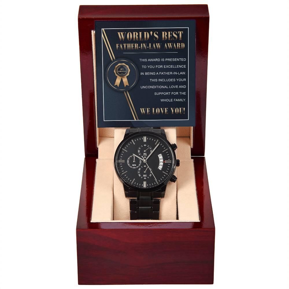 World's Best Father-in-Law Gift Unconditional Love and Support Black Chronograph Watch - Mallard Moon Gift Shop