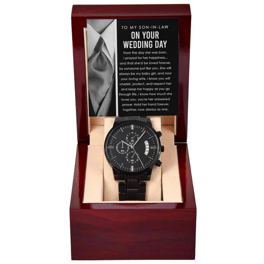 Son-in-Law Wedding Day Gift - Hold Her Hand Forever - Black Chronograph Watch