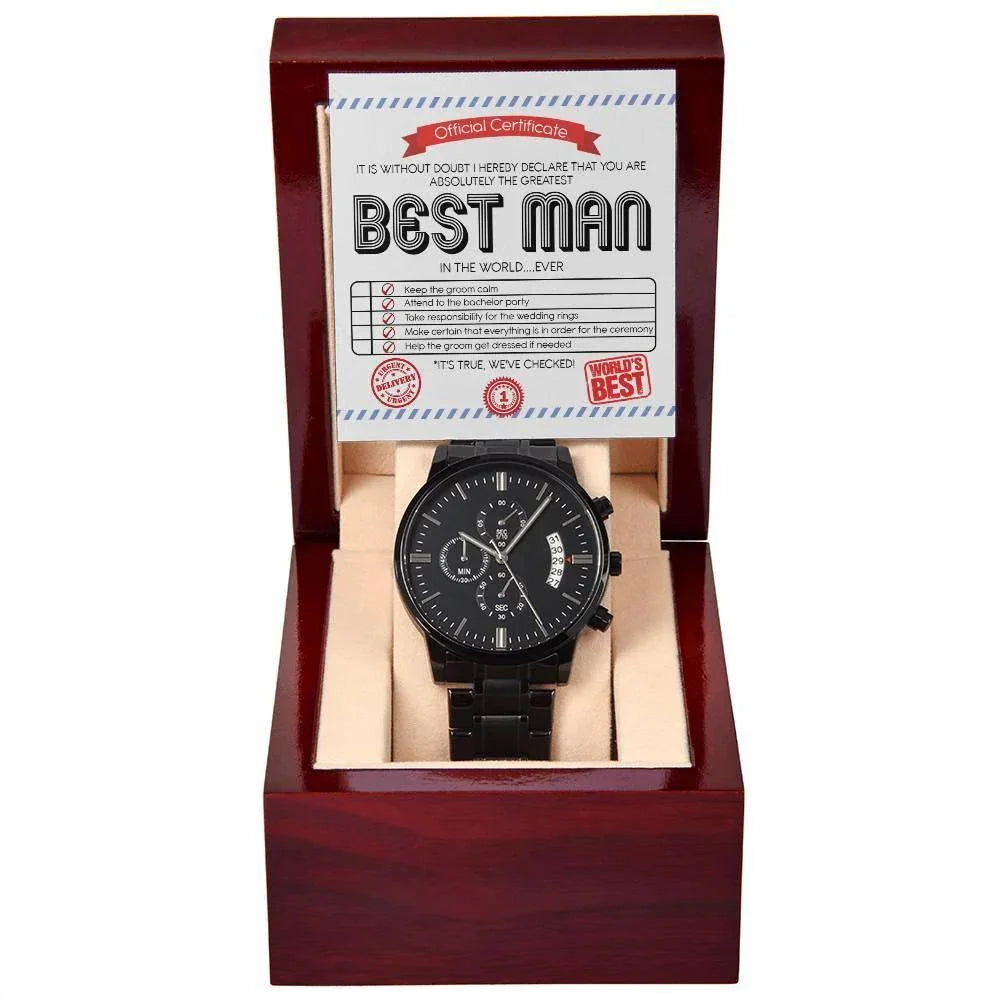 Best Man Wedding Day Gift - Official Certificate - Black Chronograph Watch