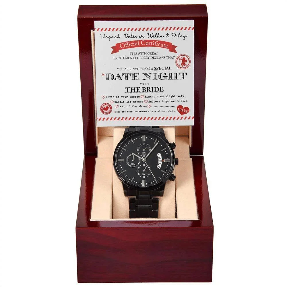 Groom Wedding Day Gift - Date Night - Black Chronograph Watch