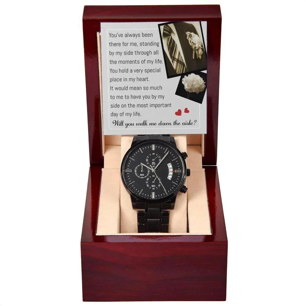 Father of the Bride Gift Will You Walk Me Down the Wedding Aisle Black Chronograph Watch