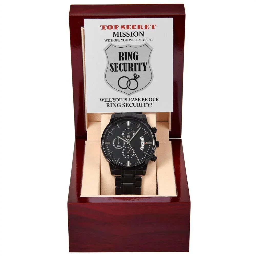 Gift for Best Man Top Secret Mission Ring Security Wedding Party Invite Black Chronograph Watch