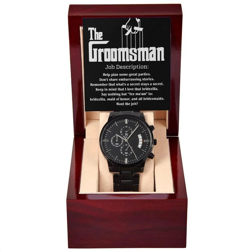 Groomsman Job Description Secrets Stay a Secret - Black Chronograph Watch Wedding Proposal from Groom