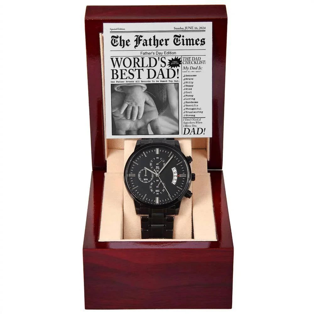 Dad Gift - Headline on The Father Times - World's Best Dad - Black Chronograph Watch