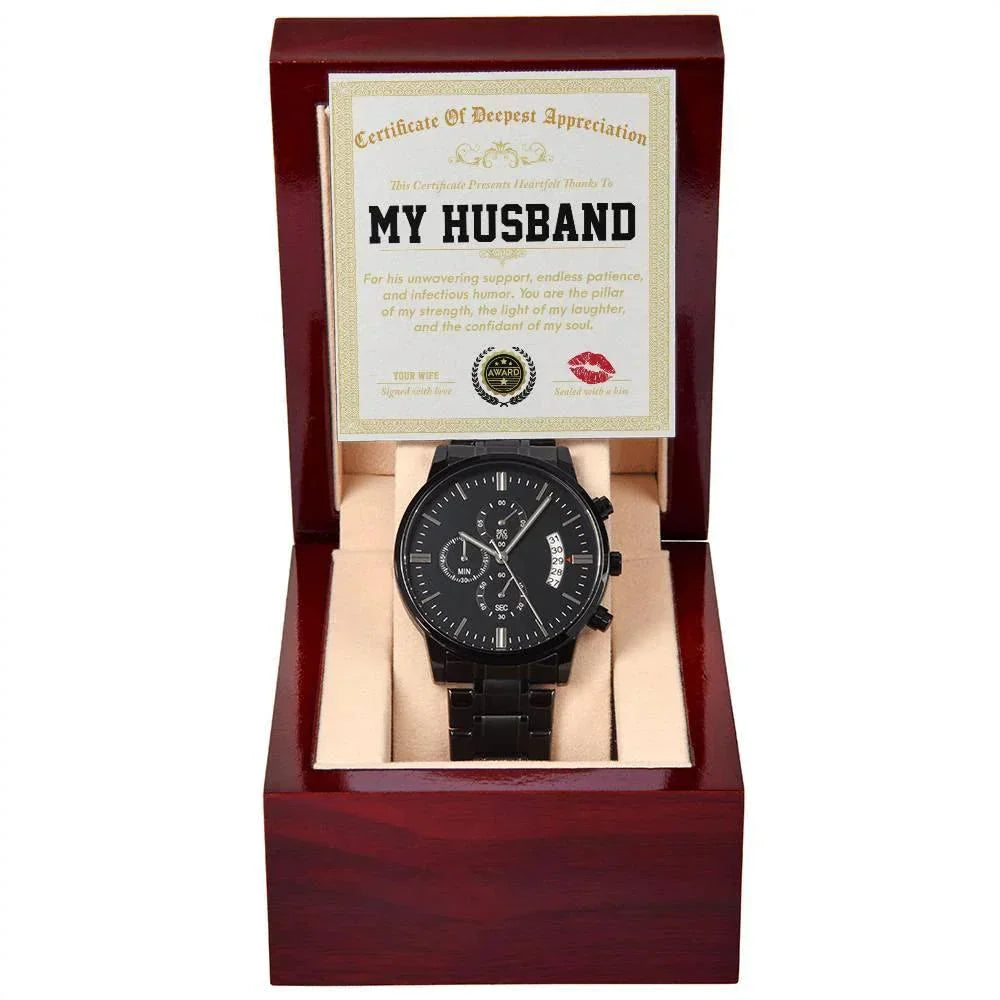 Husband Wedding Day Gift - Deepest Appreciation - Black Chronograph Watch