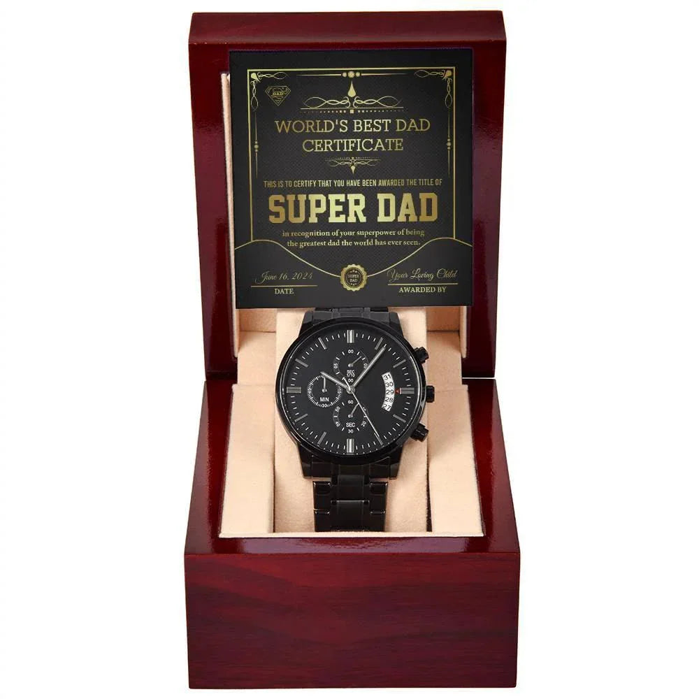 Dad Gift - Super Dad Certificate Black Chronograph Watch