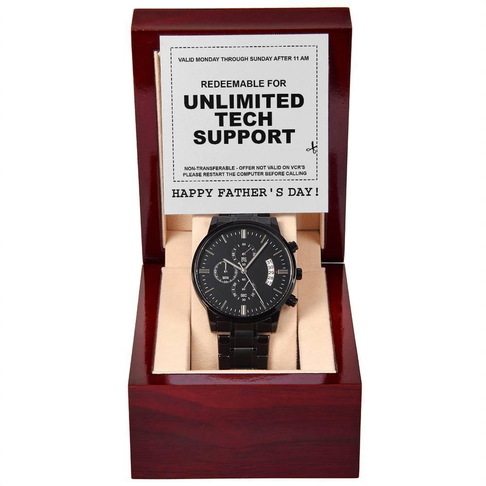 Gift for Dad - Redeem for Unlimited Tech Support - Black Chronograph Watch - Mallard Moon Gift Shop