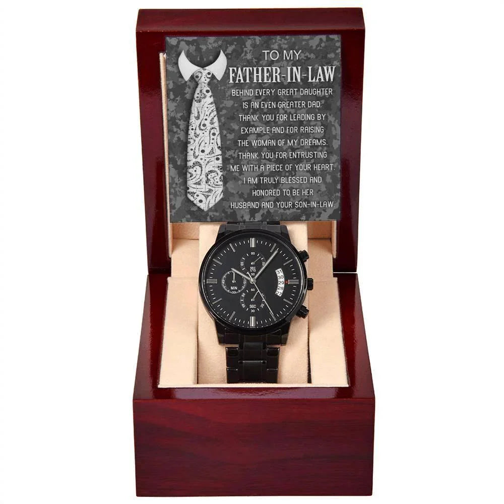 Gift for Father-In-Law - Behind Every Great Daughter is an Even Greater Dad Black Chronograph Watch