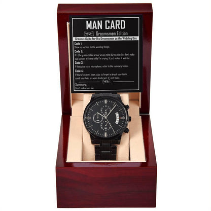 Groomsman Proposal Wedding Day Gift - Man Card - Black Chronograph Watch - Mallard Moon Gift Shop