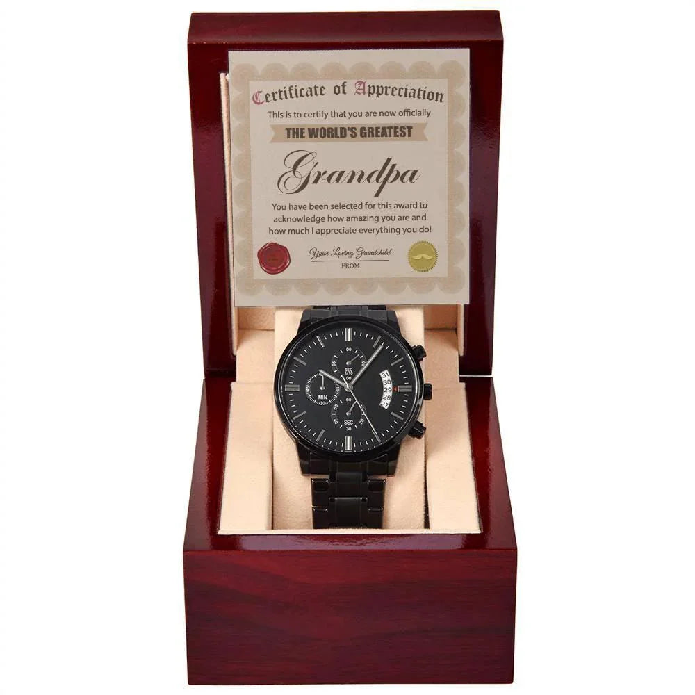 Certificate of Appreciation for the World's Greatest Grandpa Black Chronograph Watch