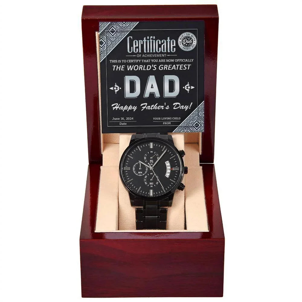Dad Certificate of Achievement as the World's Greatest Dad Black Chronograph Watch