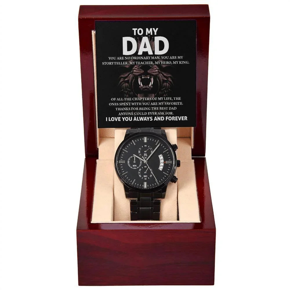 To My Dad Black Chronograph Watch – Hero Lion King Father Message Card Sentimental Father's Day Gift from Son or Daughter
