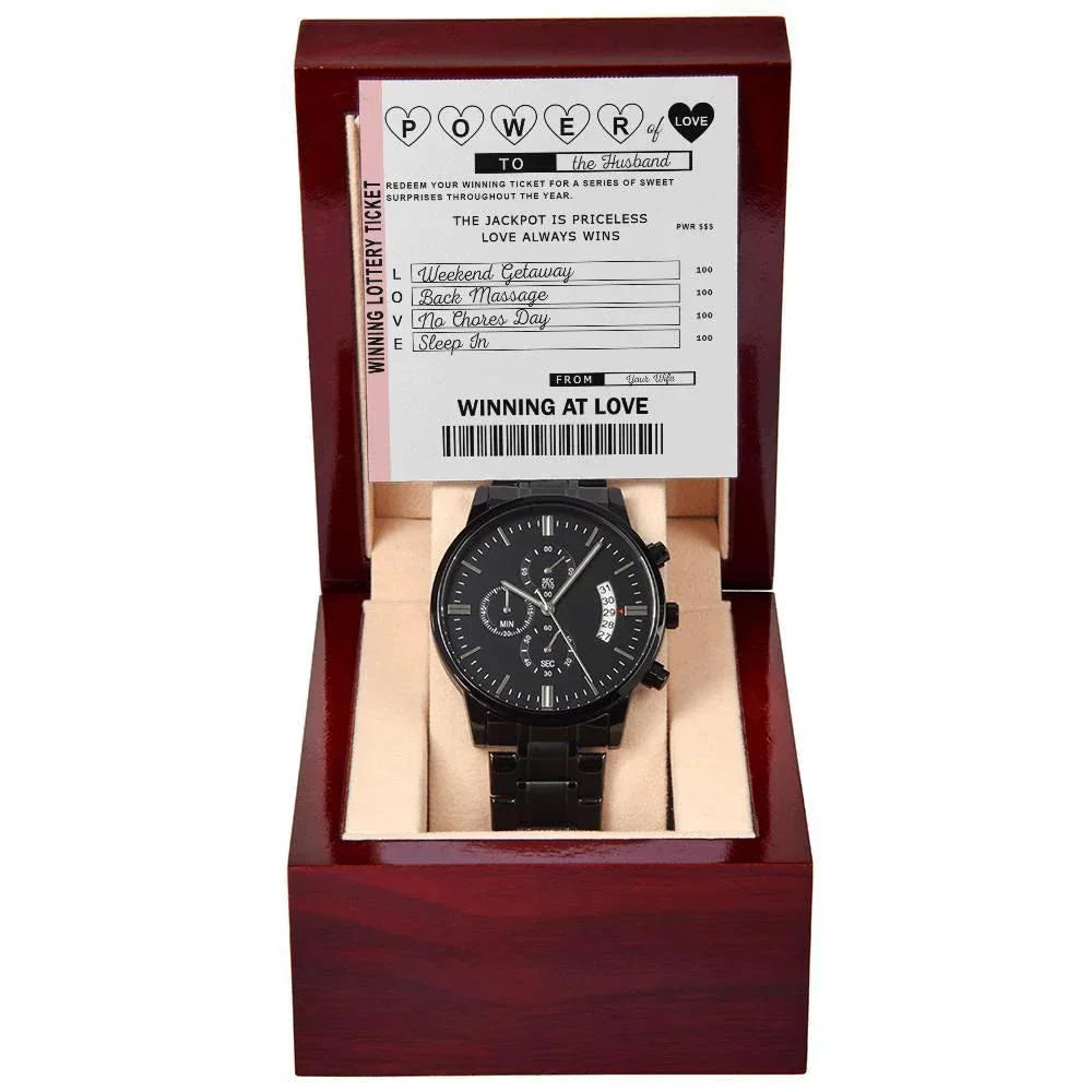 Husband Wedding Day Gift - Power of Love - Black Chronograph Watch