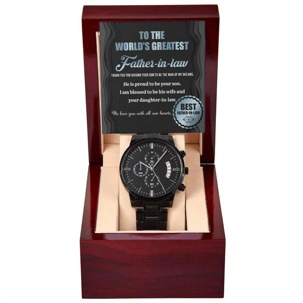 Gift for Father-in-Law He is Proud To Be Your Son Black Chronograph Watch
