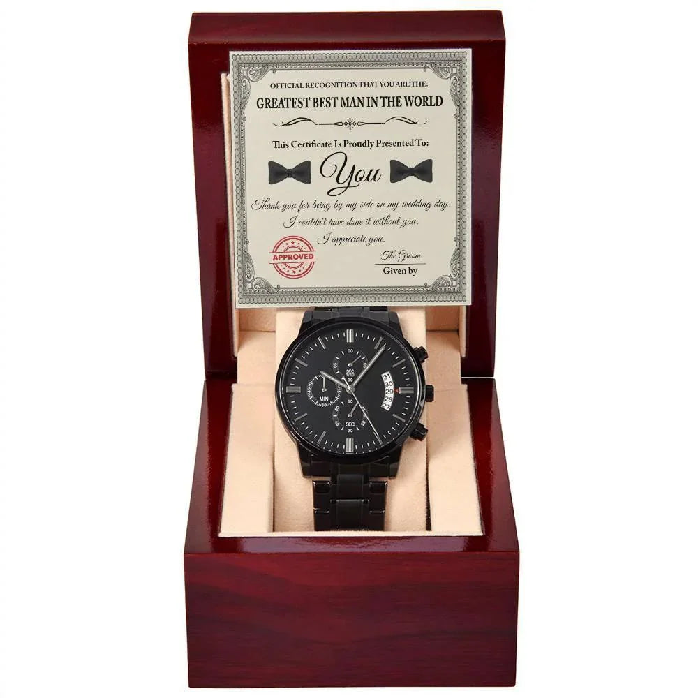 Groomsman Wedding Day Gift - Best Man - Official Recognition - Black Chronograph Watch