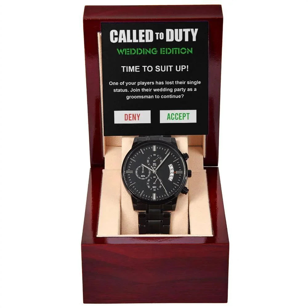 Groomsman Called To Duty Time to Suit Up Wedding Party Invite Black Chronograph Watch