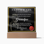 World’s Greatest Grandpa Certificate Acrylic Plaque – Personalized Appreciation Gift with LED Light Base