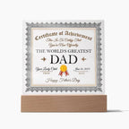 Personalized World's Greatest Dad Certificate – Custom Acrylic Plaque with Name & Date – Birthday, Father’s Day, or Any Occasion