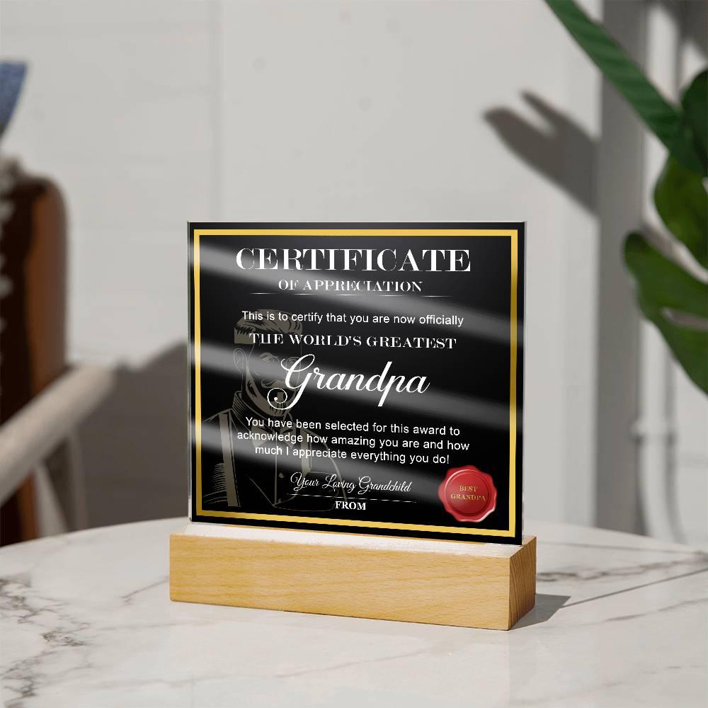 Certificate of Appreciation - The World's Greatest Grandpa Acrylic Plaque - Mallard Moon Gift Shop