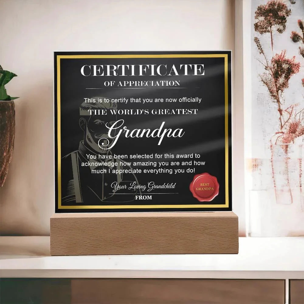World’s Greatest Grandpa Certificate Acrylic Plaque – Personalized Appreciation Gift with LED Light Base