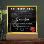 World’s Greatest Grandpa Certificate Acrylic Plaque – Personalized Appreciation Gift with LED Light Base
