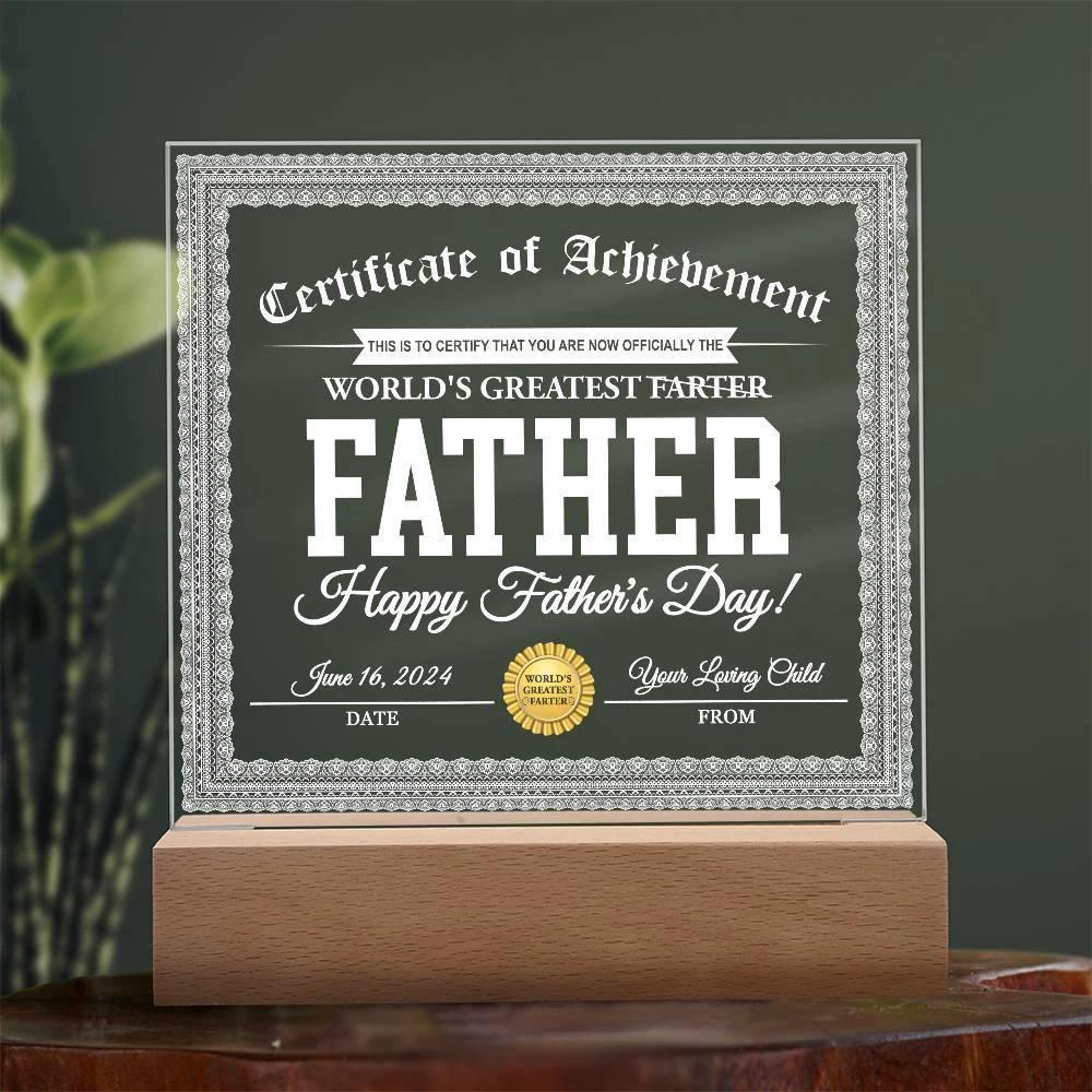 Funny Personalized Father's Day Gift "World’s Greatest Farter" Certificate Acrylic Plaque with LED Light Base