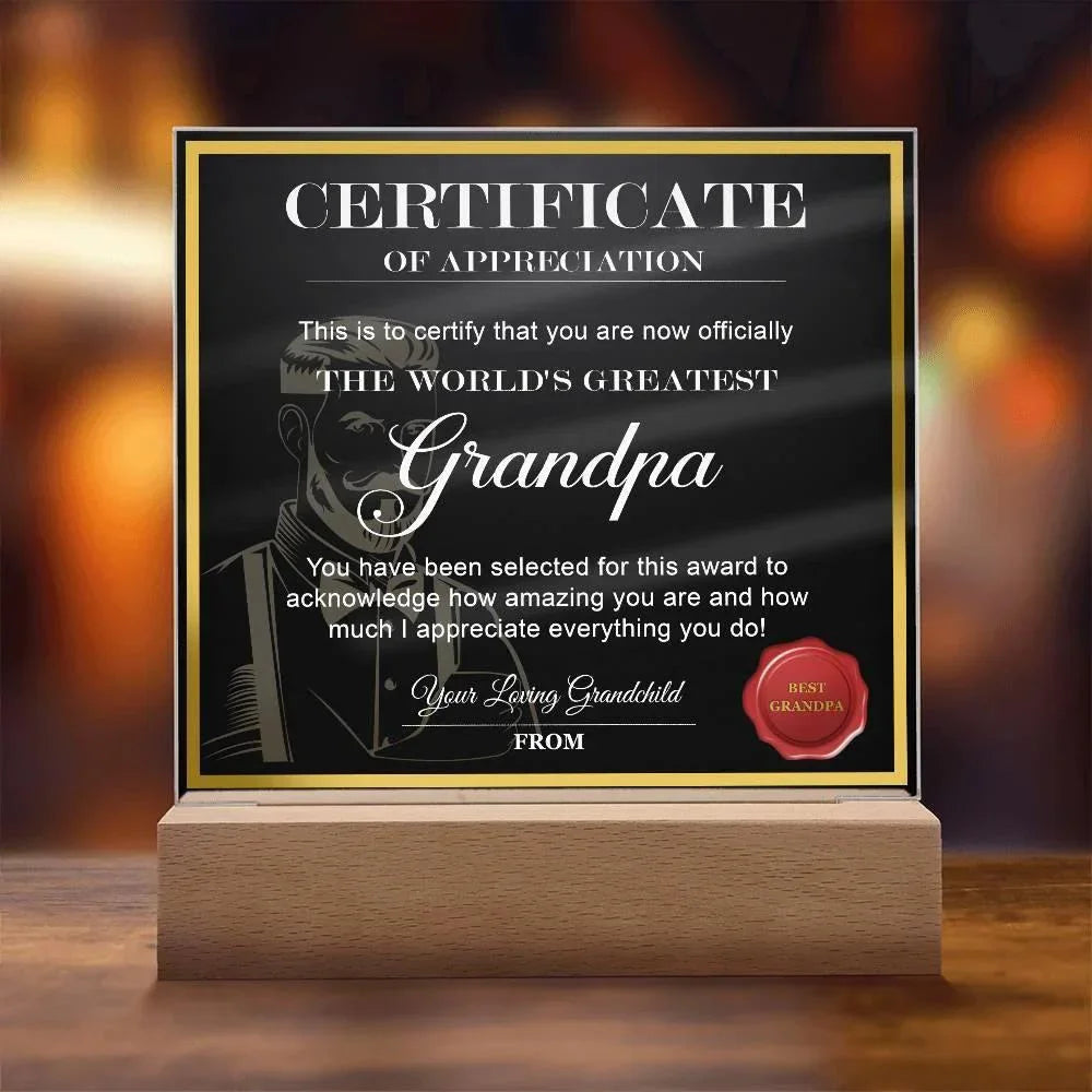 World’s Greatest Grandpa Certificate Acrylic Plaque – Personalized Appreciation Gift with LED Light Base