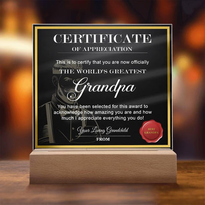 Certificate of Appreciation - The World's Greatest Grandpa Acrylic Plaque - Mallard Moon Gift Shop