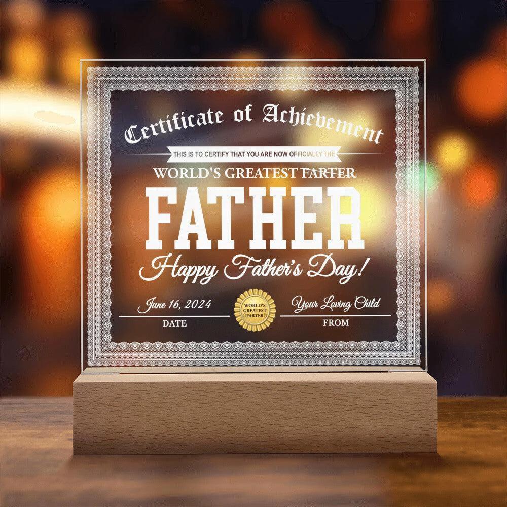 Funny Personalized Father's Day Gift "World’s Greatest Farter" Certificate Acrylic Plaque with LED Light Base