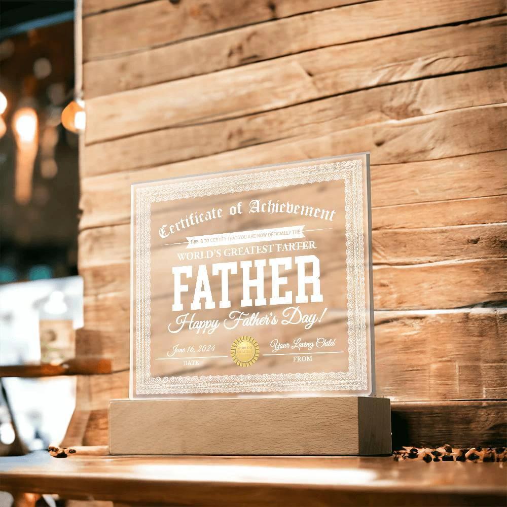 Funny Personalized Father's Day Gift "World’s Greatest Farter" Certificate Acrylic Plaque with LED Light Base