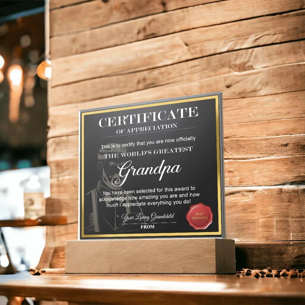 World’s Greatest Grandpa Certificate Acrylic Plaque – Personalized Appreciation Gift with LED Light Base