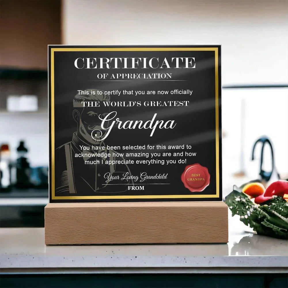 World’s Greatest Grandpa Certificate Acrylic Plaque – Personalized Appreciation Gift with LED Light Base
