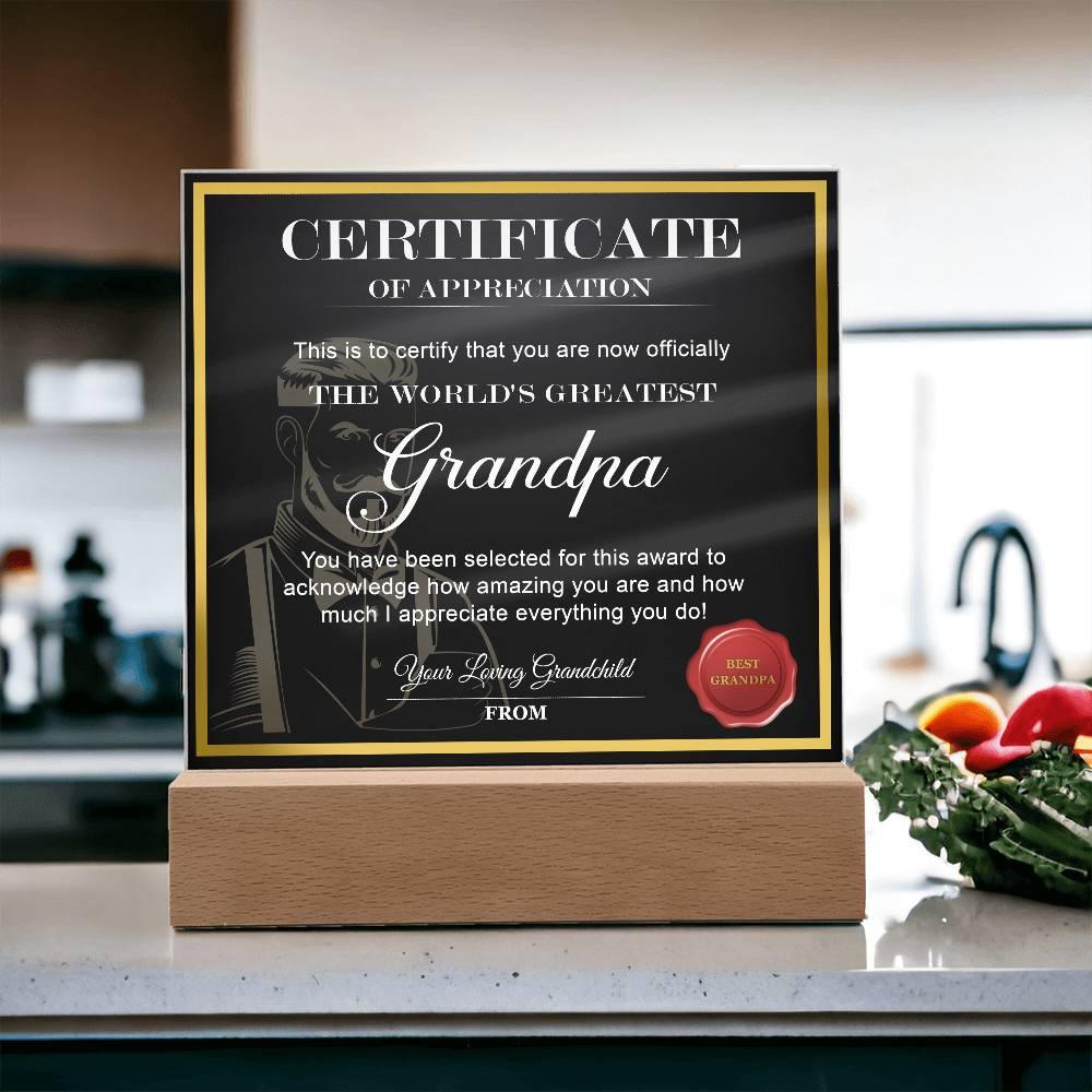Certificate of Appreciation - The World's Greatest Grandpa Personalized Acrylic Plaque - Mallard Moon Gift Shop