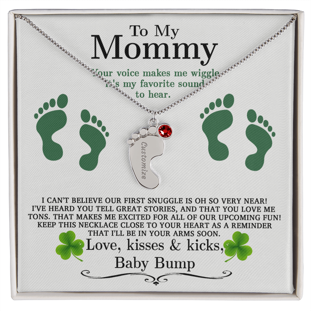 To My Mommy from Baby Bump - Personalized Baby Feet Necklace – Custom Name & Birthstone Pendant St. Patrick's Day Gift - Mallard Moon Gift Shop