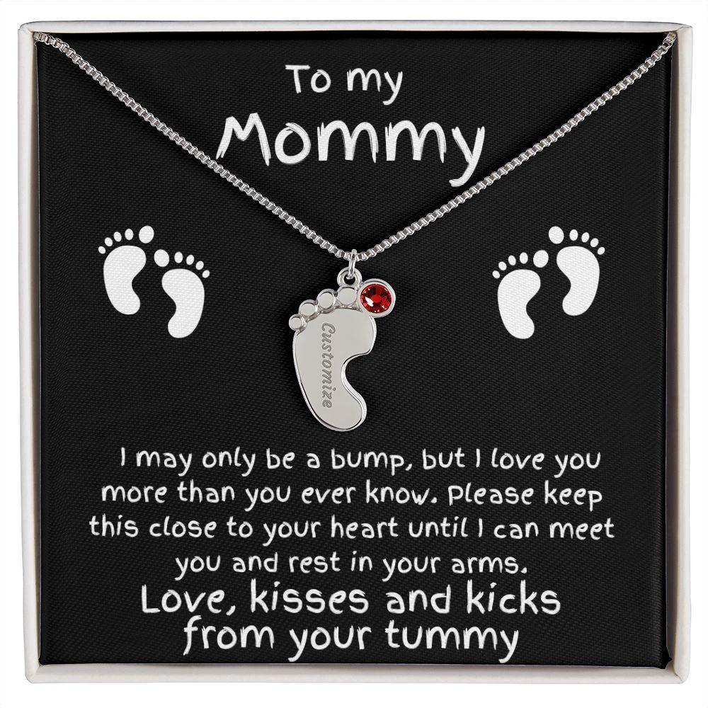 Expectant Mom Gift from the Bump Engraved Baby Feet Birthstone Charm Necklace