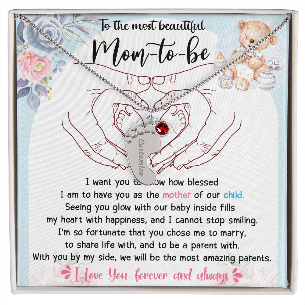 Mom-to-be Gift from Husband Engraved Name Baby Feet Charm Necklace with Birthstone - Mallard Moon Gift Shop