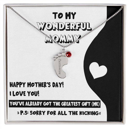 Gift for New Mom - Sorry for All the Kicking Baby Feet Engraved Name Charm Necklace with Birthstone - Mallard Moon Gift Shop