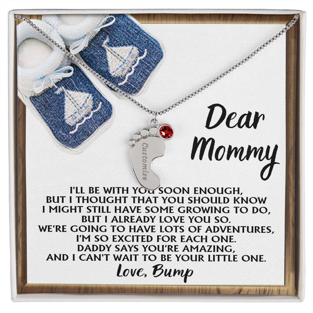 Dear Mommy I Already Love You Pregnancy Engraved Name Baby Feet Charm Necklace with Birthstone Gift for New Mom