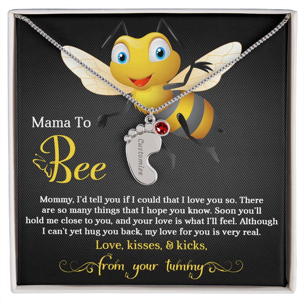 Mama To Bee Love, Kisses and Kicks from your Tummy Engraved Name Baby Feet Charm Necklace with Birthstone - Mallard Moon Gift Shop